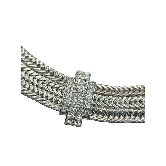 Silver Tone Mesh Collar Necklace Rhinestone Studded Woven 18" Chain - Picture 8 of 15